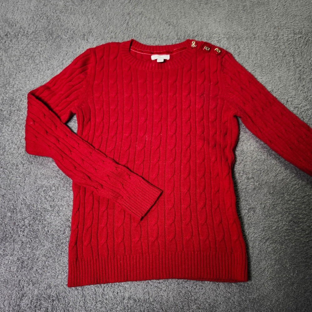 Charter Club Womens S Sweater Red Cable Knit Button Shoulder Long Sleeve Vintage